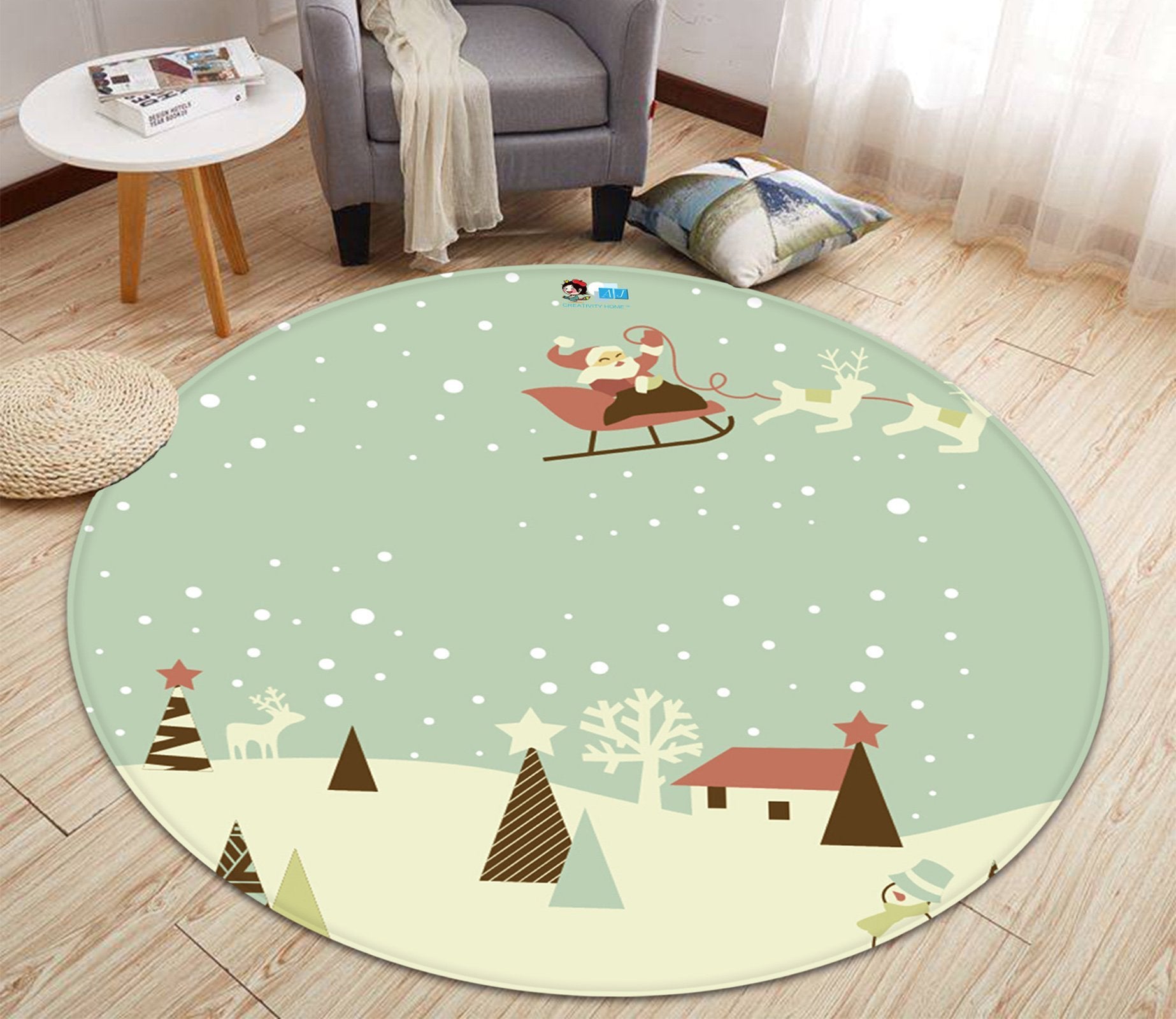 3D Cartoon Sleigh Old Man 082 Round Non Slip Rug Mat