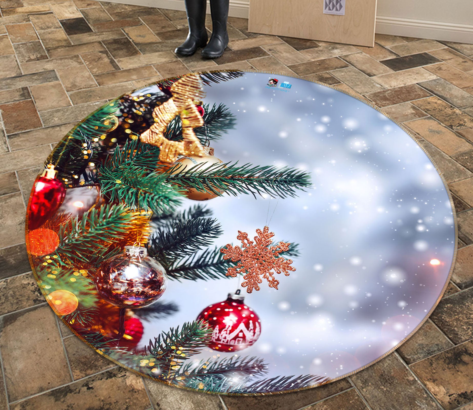 3D Branches Pendant 56044 Christmas Round Non Slip Rug Mat Xmas