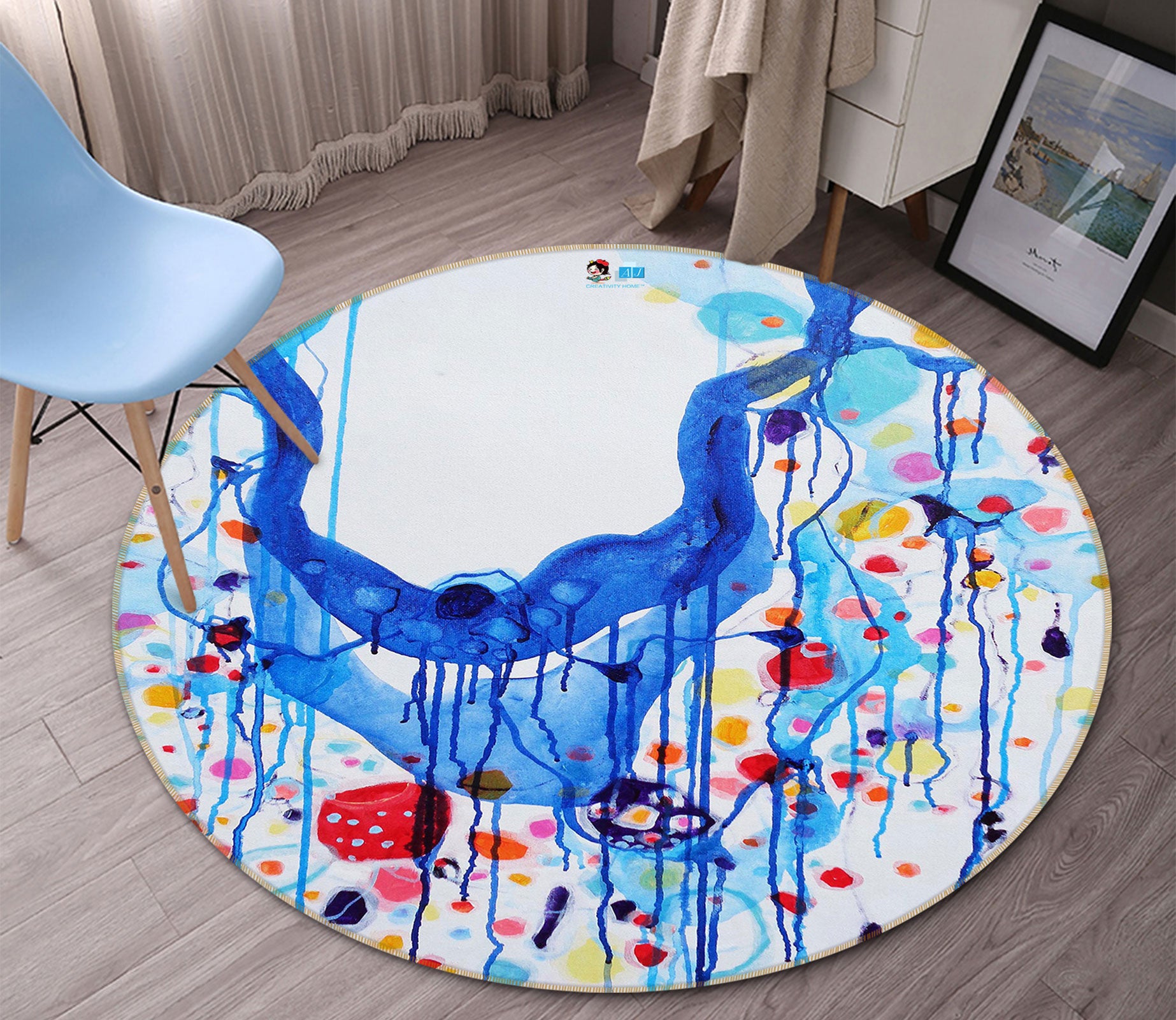 3D Blue Watercolor 1422 Misako Chida Rug Round Non Slip Rug Mat