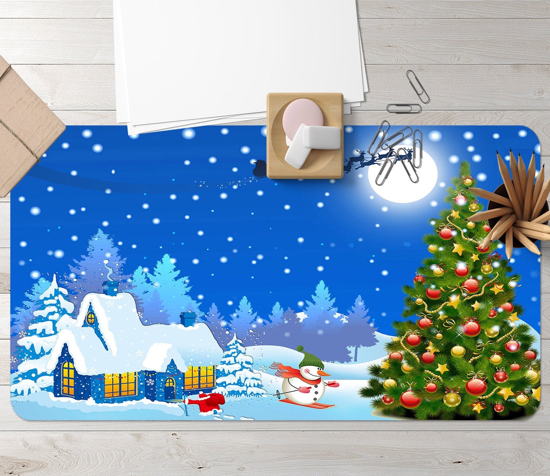 3D Christmas Tree Skiing 011 Desk Mat